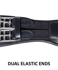 Close-up of dual elastic ends on Pinnacle Anatomic Shoulder Dressage Girth For Horses With Ergonomic Design For Freedom And Comfort Premium Argentine Leather Black Size 24 No Pinch Fit For Training And Performance Smooth Motion And Enhanced Range Of Motion.