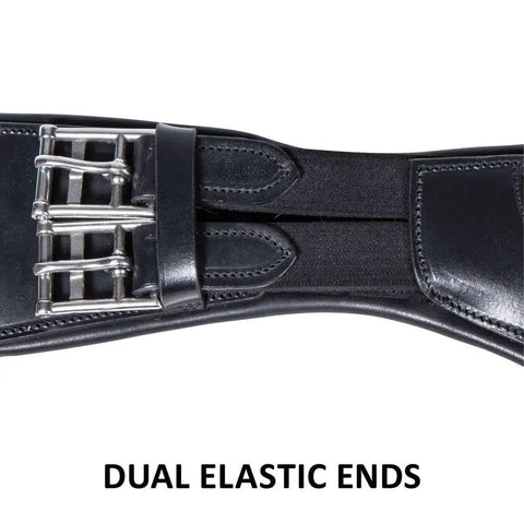 Close-up of dual elastic ends on Pinnacle Anatomic Shoulder Dressage Girth For Horses With Ergonomic Design For Freedom And Comfort Premium Argentine Leather Black Size 24 No Pinch Fit For Training And Performance Smooth Motion And Enhanced Range Of Motion.