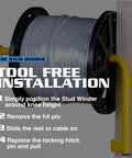Spool Tools Stud Winder Portable All Steel Wire Spool Holder Dispenser for fast load dispensing, mounted on 2x4 stud