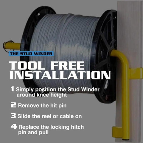 Spool Tools Stud Winder Portable All Steel Wire Spool Holder Dispenser for fast load dispensing, mounted on 2x4 stud