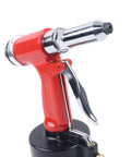 Air Powered Hydraulic Pop Rivet Gun Kit For Auto Body And Metalwork, Pro Grade Pneumatic Rivet Tool With Durable Stainless Steel And Aluminum Build, Easy Grip Trigger, Smooth Riveting For Fast, Heavy Duty Results, red side view
