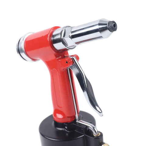 Air Powered Hydraulic Pop Rivet Gun Kit For Auto Body And Metalwork, Pro Grade Pneumatic Rivet Tool With Durable Stainless Steel And Aluminum Build, Easy Grip Trigger, Smooth Riveting For Fast, Heavy Duty Results, red side view
