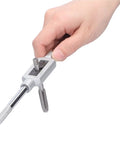Premium 8-Piece Tap And Die Set Made With Tough Alloy Steel For Clean Metric Threading On Pipes And Hard Metals Like Aluminum And Carbon Steel Without Damage Or Stripping Includes Wrench And Seven Taps hand holding tap wrench with die and tap