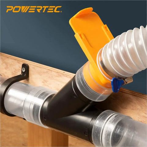 Heavy Duty Flexible Clear Dust Collection Hose Kit Featuring 4 Inch By 20 Feet Tubing Cone Reducer Elbows Fittings And Blast Gates For Table Saw Band Saw And KickAss Workshop Setup with angled connector.