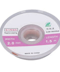 Spool of Professional Desoldering Solder Wick Braid 2.0mm width for PCB repair and BGA rework, 1.5m length, labeled in packaging.