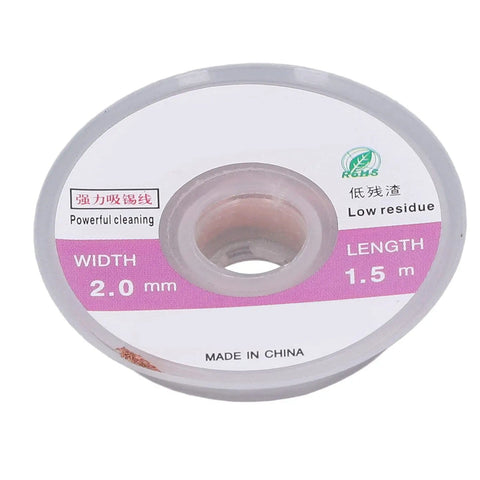 Spool of Professional Desoldering Solder Wick Braid 2.0mm width for PCB repair and BGA rework, 1.5m length, labeled in packaging.