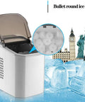 Hassle Free Portable Electric Countertop Ice Maker Drops Twenty Six Pounds Of Crisp Cubes Fast With Ultra Quiet Operation And Clear Sight Window for home use, showcasing bullet round ice.