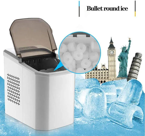 Hassle Free Portable Electric Countertop Ice Maker Drops Twenty Six Pounds Of Crisp Cubes Fast With Ultra Quiet Operation And Clear Sight Window for home use, showcasing bullet round ice.