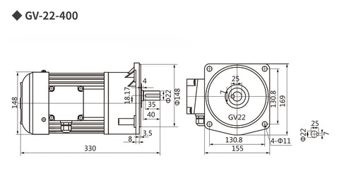 Technical diagram of Beefed-Up AC Gear Motor 400W 1/2HP Electric Gear Reducer, dimensions and mounting details shown.