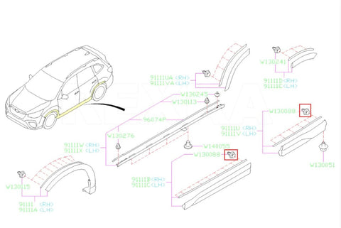 Exploded view diagram of Rexka 10pc Subaru fender, rocker, garnish, pillar trim retainers with sealer