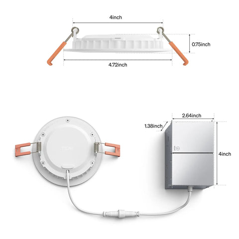 Top Shelf Smart Recessed Led Ceiling Light With Sleek Slim Downlight dimensions showing 4-inch round design for easy installation.