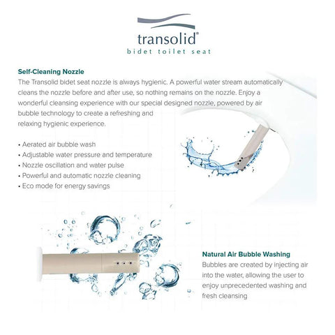 Infographic showing Transolid bidet toilet seat self-cleaning nozzle details and air bubble washing technology.