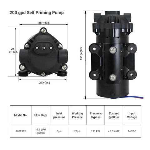 200 gpd Self Priming RO Booster Pump dimensions and technical specifications for clean drinking water systems.