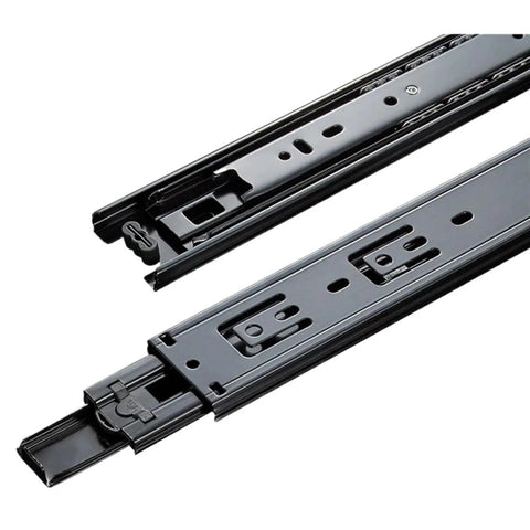 Full Extension Drawer Slides In Sleek Black Cold Rolled Steel Three Section Tracks 8 To 20 Inch Tool Free Quick Release Latches