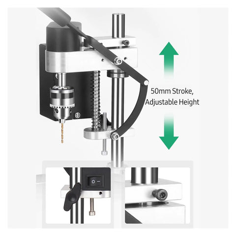 Compact 8000 Rpm Mini Electric Bench Drill Press Stand Kit With 7 Gear Variable Speed Control, features adjustable height and 50mm stroke.