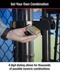 Heavy Duty Outdoor Combination Lock 875D Brass Finish on a gate, showing 4-digit easy grip dial for secure storage.