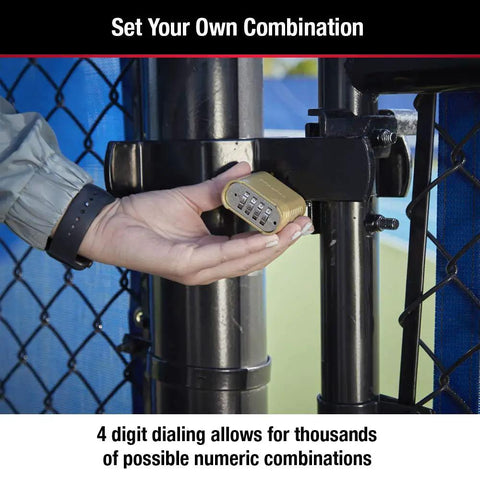 Heavy Duty Outdoor Combination Lock 875D Brass Finish on a gate, showing 4-digit easy grip dial for secure storage.