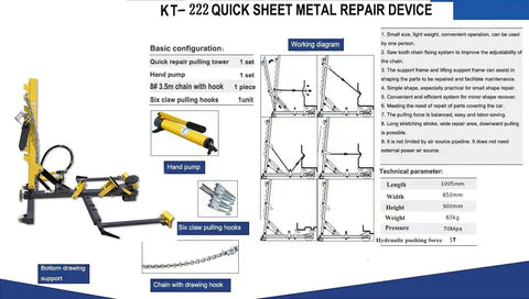5 Ton Hydraulic Auto Body Dent Puller Kit With Pneumatic Sheet Metal Straightener And Portable Repair Stand For Easy One Person Panel Repair And Serrated Chain Clamps For Secure Dent Removal Pro Grade, sheet metal repair device diagram