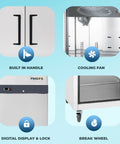 Heavy Duty Two Door Reach In Refrigerator With 49 Cubic Feet Of Cold Storage And Brushed Stainless Finish Built Like A Tank For Busy Commercial Kitchens close-up of built-in handle, cooling fan, digital lock, and break wheel.