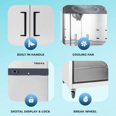 Heavy Duty Two Door Reach In Refrigerator With 49 Cubic Feet Of Cold Storage And Brushed Stainless Finish Built Like A Tank For Busy Commercial Kitchens close-up of built-in handle, cooling fan, digital lock, and break wheel.