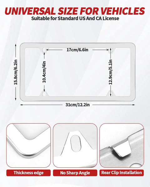 Diagram showing size specifications for Zinc Alloy Chrome License Plate Frame Universal Car Accessory Slim Durable Design
