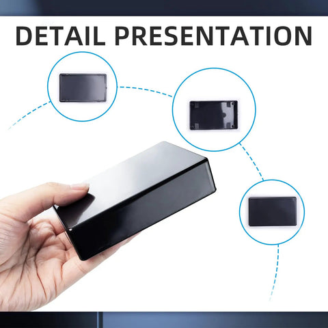 5 Pack IP65 Waterproof Plastic Project Boxes For Electronics 100 X 60 X 25 mm held in hand with detailed inset images