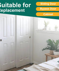 Four Pair Sliding Closet Door Roller Kit For Top Hung Doors With Three Quarters Inch Convex Wheels Ball Bearing Stamped Steel Rollers And Front Panel One Quarter Inch Offset And Rear Panel Three Eighths Inch Offset Brackets installed on white closet doors in a bedroom.