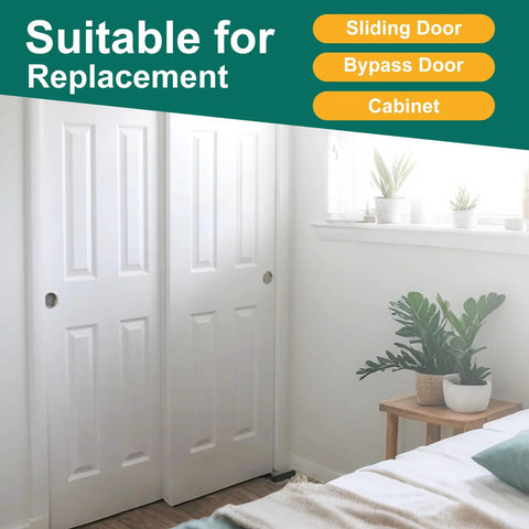 Sliding Closet Door Roller Kit For Top Hung Bypass Doors With 7/8 Inch Convex Wheels, Stamped Steel Rollers installed on white doors
