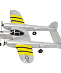 Beginner Friendly P38 RC Plane With 2.4GHz 2CH RTF Remote, Lightweight EPP Foam Warbird, shown in silver with yellow stripes.
