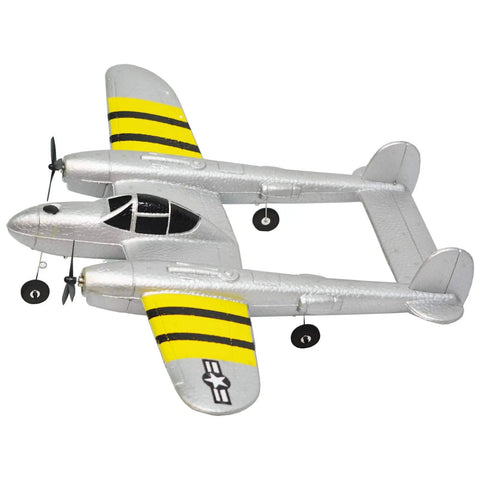 Beginner Friendly P38 RC Plane With 2.4GHz 2CH RTF Remote, Lightweight EPP Foam Warbird, shown in silver with yellow stripes.