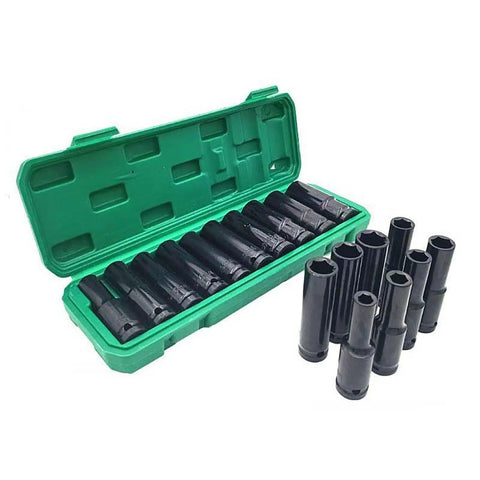 10 Piece Heavy Duty Impact Socket Set With Hex Heads Made From Premium Chrome Steel For Electric Wrenches And Pneumatic Drills In Auto Repair Or Home Jobs, green case