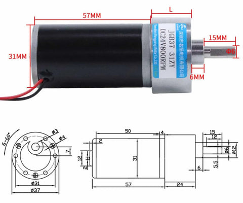 JGB37-31ZY Micro Low Speed DC Gear Motor With Bracket, 12V, High Torque Gearbox, technical diagram, black casing, red wires