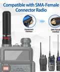 Dual Band VHF UHF Ham Radio Antenna SMA Female Short Stubby on radio with equipment and SMA-Female interface details.