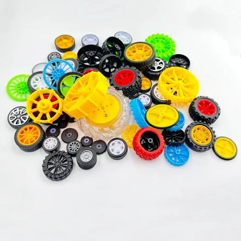 56 Piece RC Car Wheel Set With Rubber And Plastic Tires, Metal Shaft Axles, colorful variety of wheel sizes and types