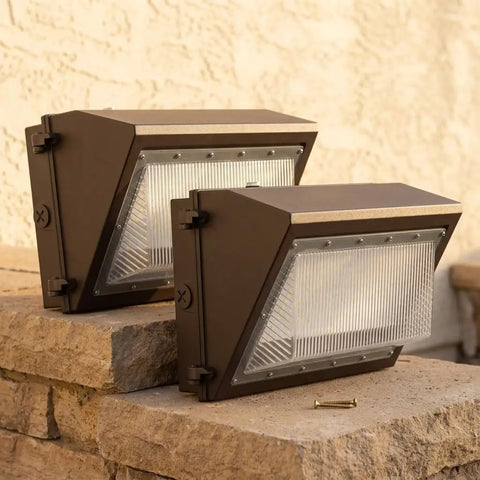 BUTIFULSIC Outdoor Security Flood Light 2 Pack Brown Aluminum Dusk to, featuring sleek design and clear lens for outdoor use.
