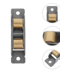 Heavy Duty Sliding Glass Door Rollers 2 Piece Set Featuring Double Wheel Bearings, top view of dual wheels on metal frame.