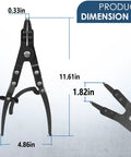 Ford Super Duty Spindle Snap Ring Pliers 2007 And Newer dimensions shown with ratcheting lock and angled jaws