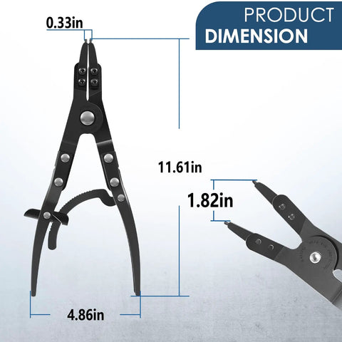 Ford Super Duty Spindle Snap Ring Pliers 2007 And Newer dimensions shown with ratcheting lock and angled jaws