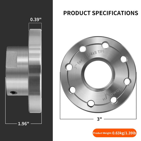 Heavy Duty Three Inch Steel Wood Lathe Faceplate With 1-1/4 X 8 Tpi Thread And Twelve Bolt Holes showing detailed dimensions and specifications.