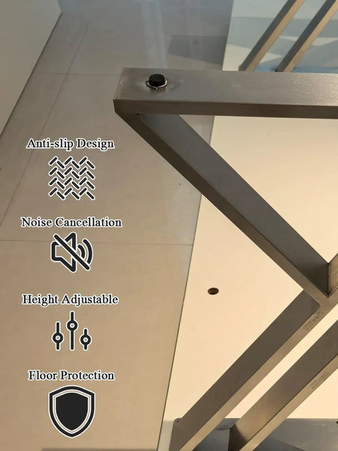 Close-up of Premium Heavy Duty Brushed Stainless Steel Table Legs featuring anti-slip design and adjustable feet for solid support.