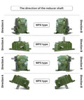 Different views of Heavy Duty Gearbox Worm Gear Reducer With Iron Shell And Time Delay for each WPA, WPO, WPS, WPX types, shaft directions.