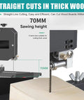 Pro Level Benchtop Bandsaw Pumping 800 Watts For Quick 70 mm Resaw Cuts Through Dense Wood Acrylic And Foam With A Zero Sweat Tilting Fence And Bull Strong Steel Table Base, showing 70mm sawing height on thick wood.