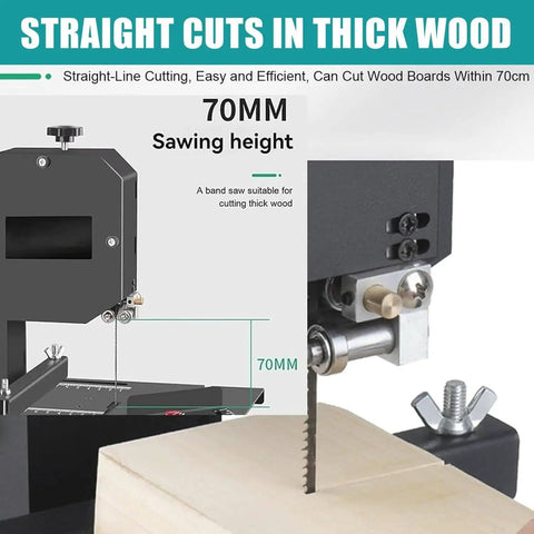 Pro Level Benchtop Bandsaw Pumping 800 Watts For Quick 70 mm Resaw Cuts Through Dense Wood Acrylic And Foam With A Zero Sweat Tilting Fence And Bull Strong Steel Table Base, showing 70mm sawing height on thick wood.