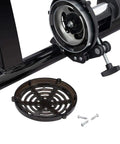 Close-up of Magnetic Indoor Bike Trainer Stand With Front Wheel Support And Quick Release Skewer mechanism and frame components.