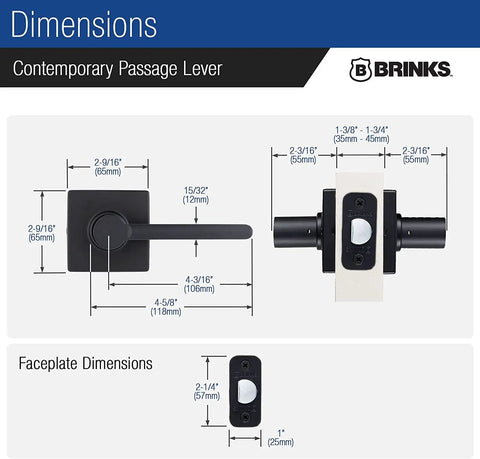Diagram showing dimensions of Six Pack Matte Black Indoor Passage Door Levers For Hall And Closet Dope Contemporary Non Locking Reversible Handles Set Durable Easy Install Modern Home Hardware.