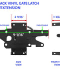 Black Vinyl Fence Gate Hardware Kit With Self Closing Parts And Heavy Duty Hinges Paired With A Lockable Latch Front and Side Views