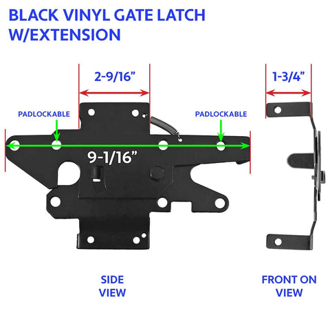 Black Vinyl Fence Gate Hardware Kit With Self Closing Parts And Heavy Duty Hinges Paired With A Lockable Latch Front and Side Views