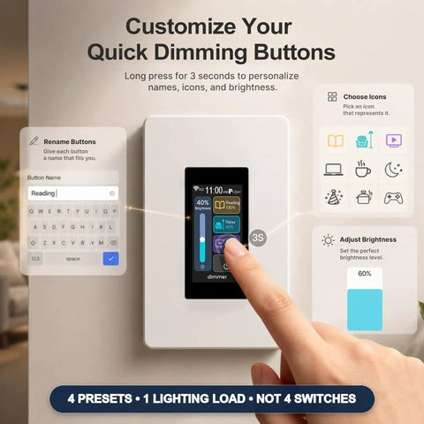 Slick Smart Dimmer Switch With A Nifty LCD Touchscreen And Ultra Smooth 100 Level Brightness Control showcasing customizable button settings.