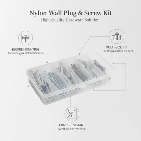 Nylon Wall Plug And Screw Anchor Kit For Drywall Hollow Brick And Foam Block in White, heavy duty anchors with screws in case.