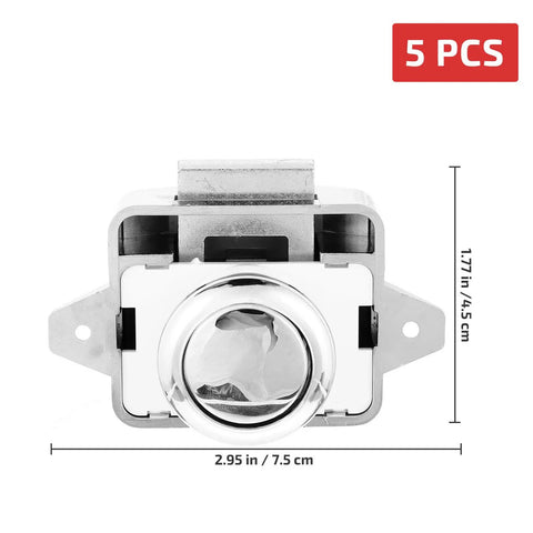 Front view of Push Button Cabinet Door Latch Locks 5 Pack For Zinc Alloy And ABS Material In Silver Finish For Camper RV Van